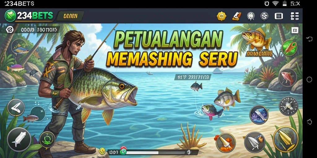 Gameplay 1234BETS menampilkan pengguna yang sedang memancing di lautan yang indah.