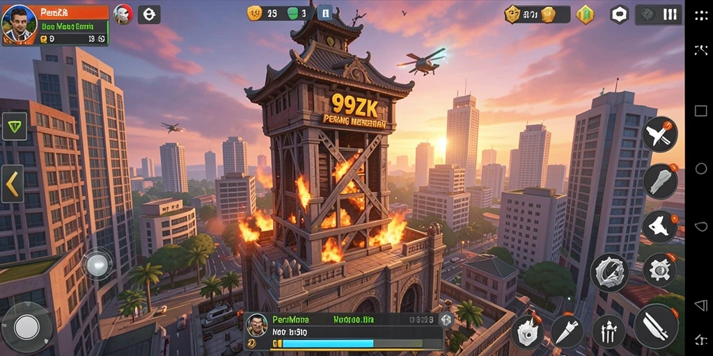 Gameplay intens di 99ZK, menara melawan gelombang musuh.