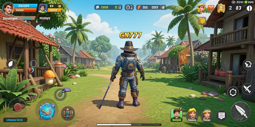 Tampilan utama gameplay GN777 dengan interaksi karakter menyenangkan.