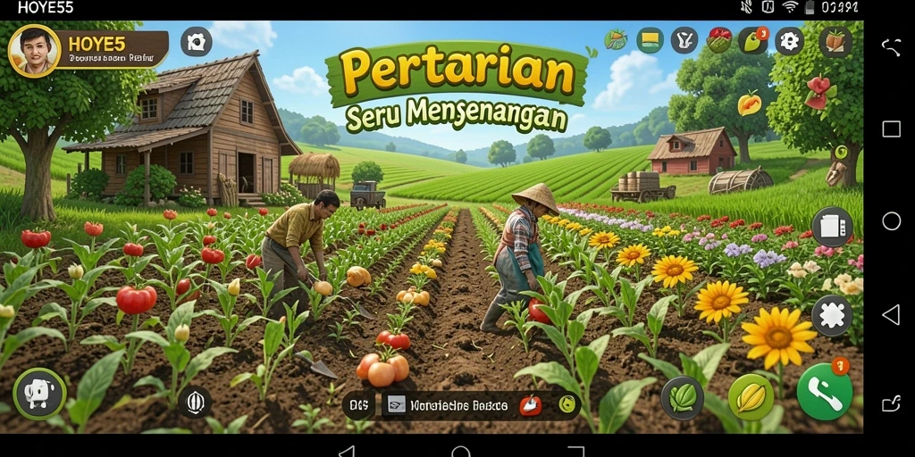 Tampilan gameplay HOYE55 yang menampilkan kebun yang indah dan hewan-hewan yang ceria.