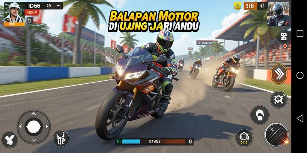 Screenshot ID66 menunjukkan aksi balapan motor yang intens dan mendebarkan.