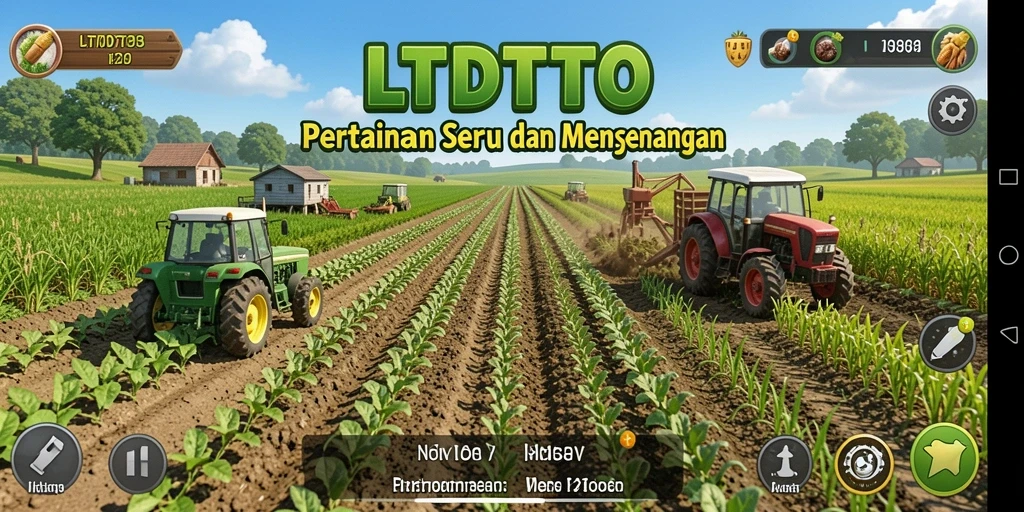 Tangkapan layar gameplay LTDTOTO menampilkan ladang yang subur dan hewan ternak.
