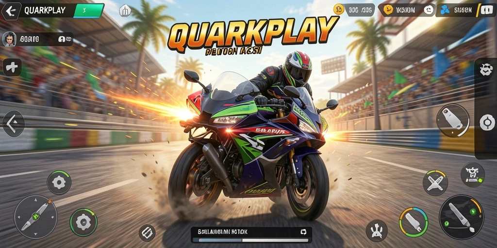 Tangkapan layar gameplay QUARKPLAY menampilkan aksi balapan motor yang mendebarkan.