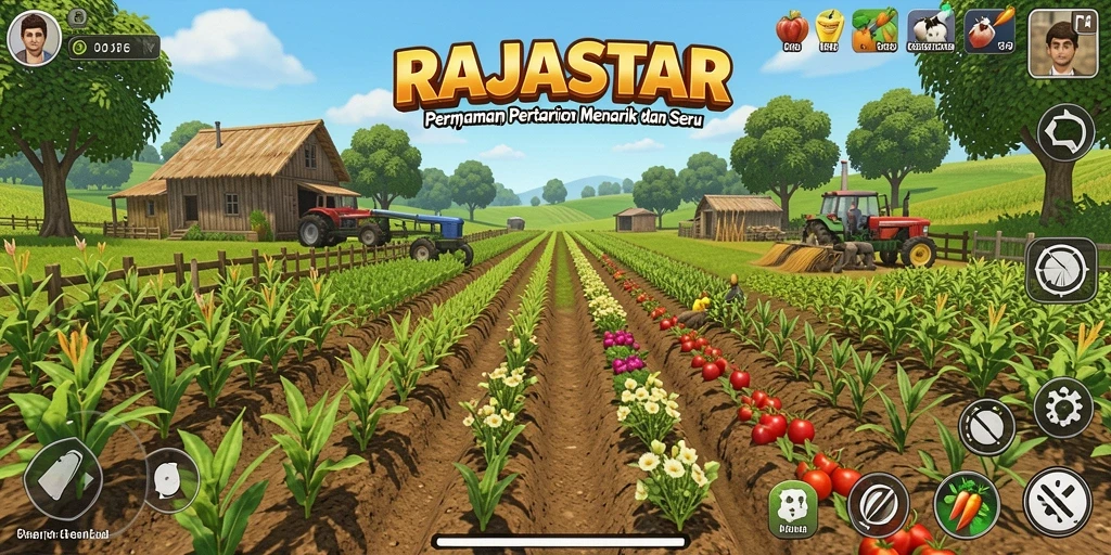 Tampilan utama gameplay RAJASTAR dengan aktivitas bertani yang seru.