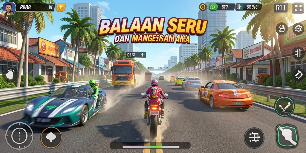 Tampilan gameplay balap mendebarkan di RI188 dengan kendaraan yang cepat.