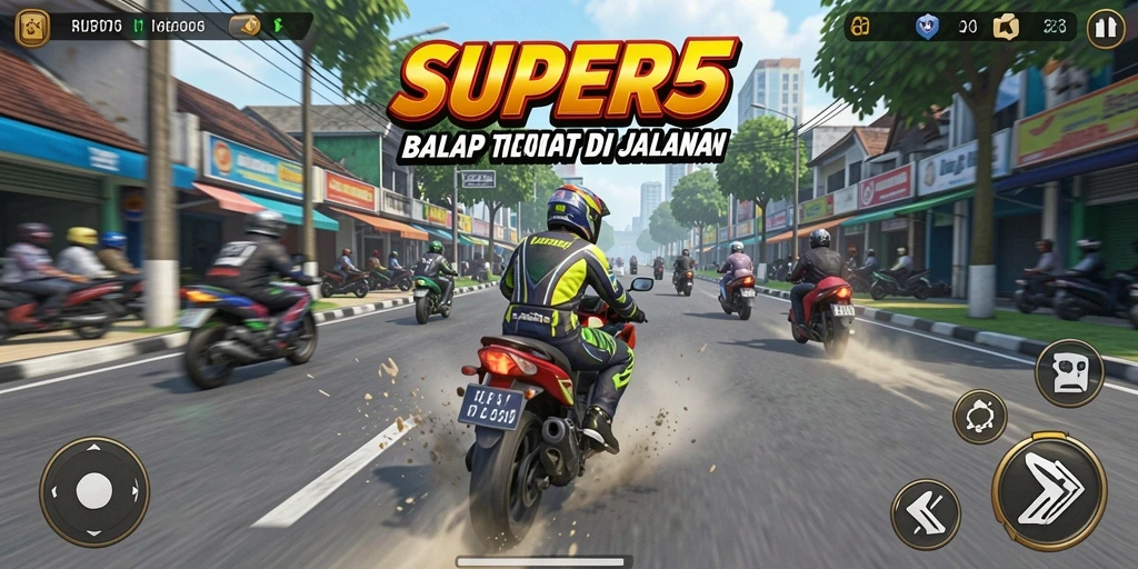 Screenshot menunjukkan aksi balap motor yang menegangkan di SUPER5.