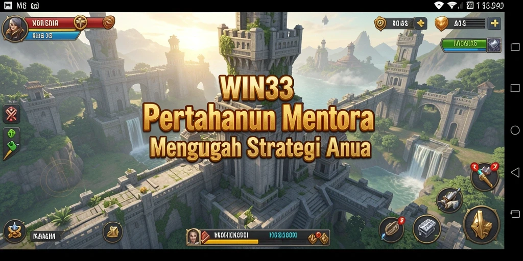 Tangkapan layar gameplay WIN33 menampilkan menara dan musuh yang saling bertarung.